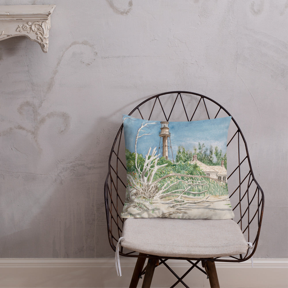 Sanibel Lighthouse Driftwood Watercolor Premium Pillow