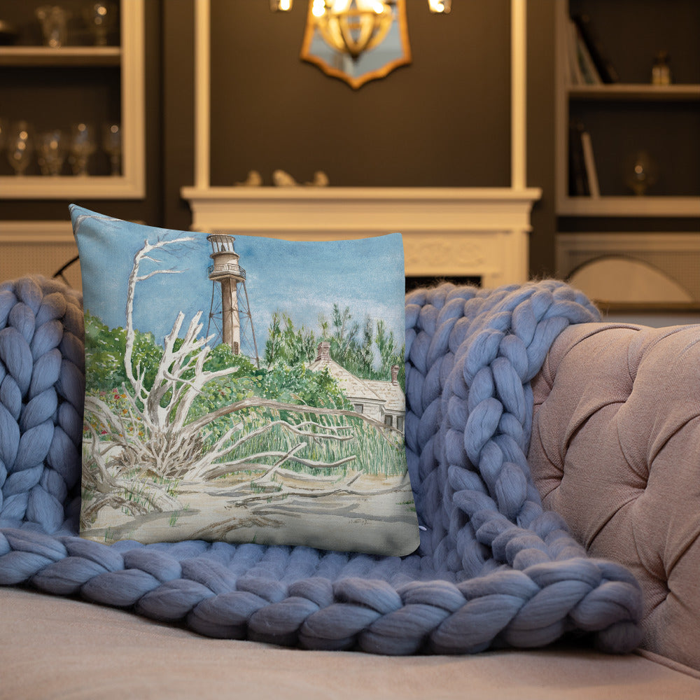 Sanibel Lighthouse Driftwood Watercolor Premium Pillow