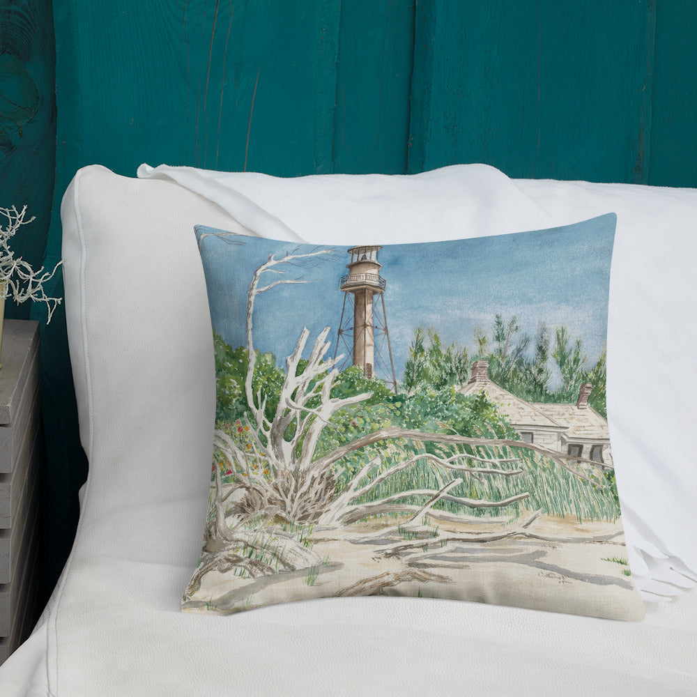 Sanibel Lighthouse Driftwood Watercolor Premium Pillow