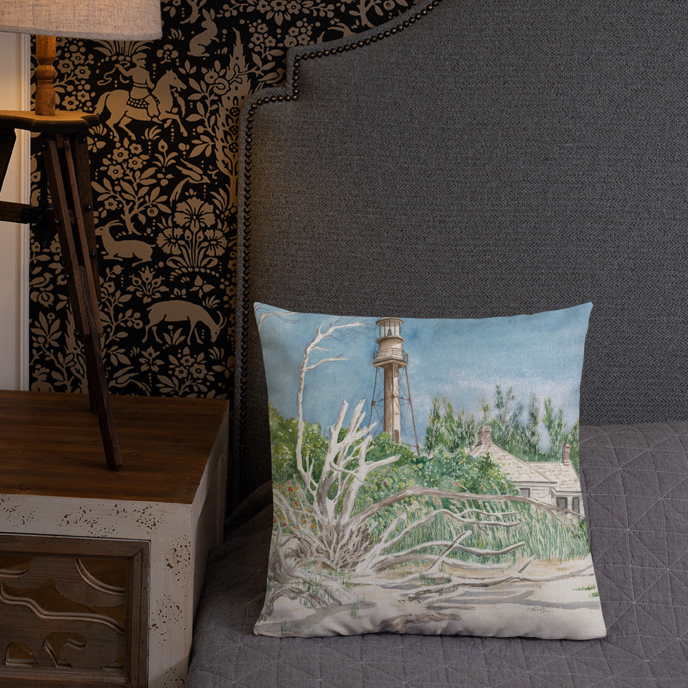 Sanibel Lighthouse Driftwood Watercolor Premium Pillow