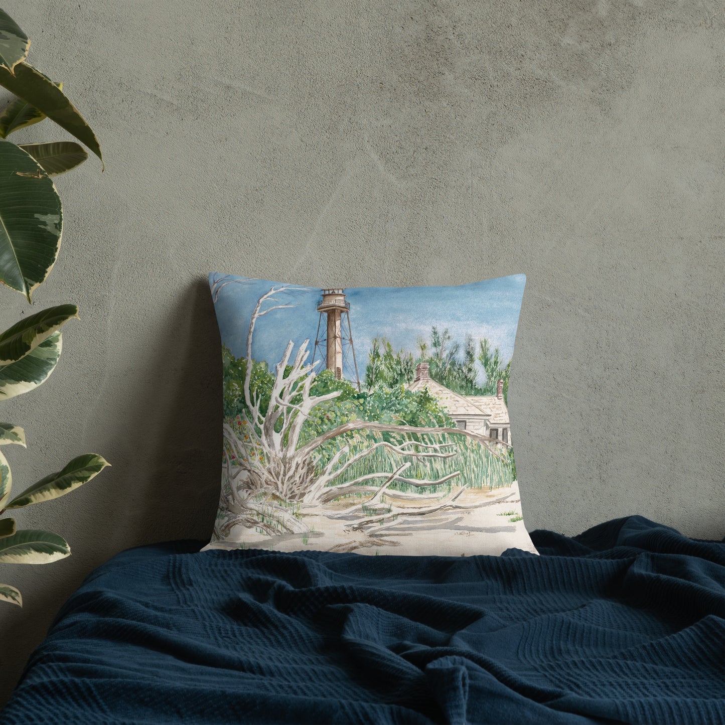 Sanibel Lighthouse Driftwood Watercolor Premium Pillow