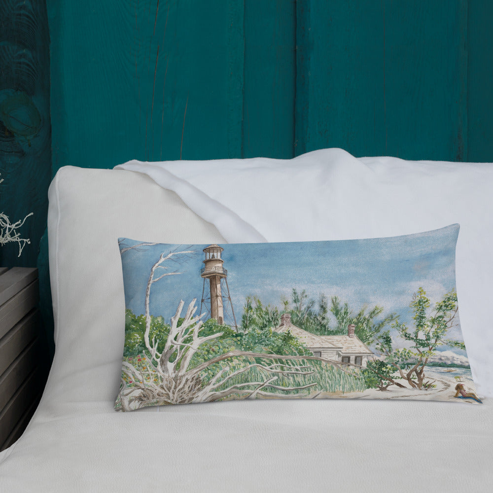 Sanibel Lighthouse Driftwood Watercolor Premium Pillow