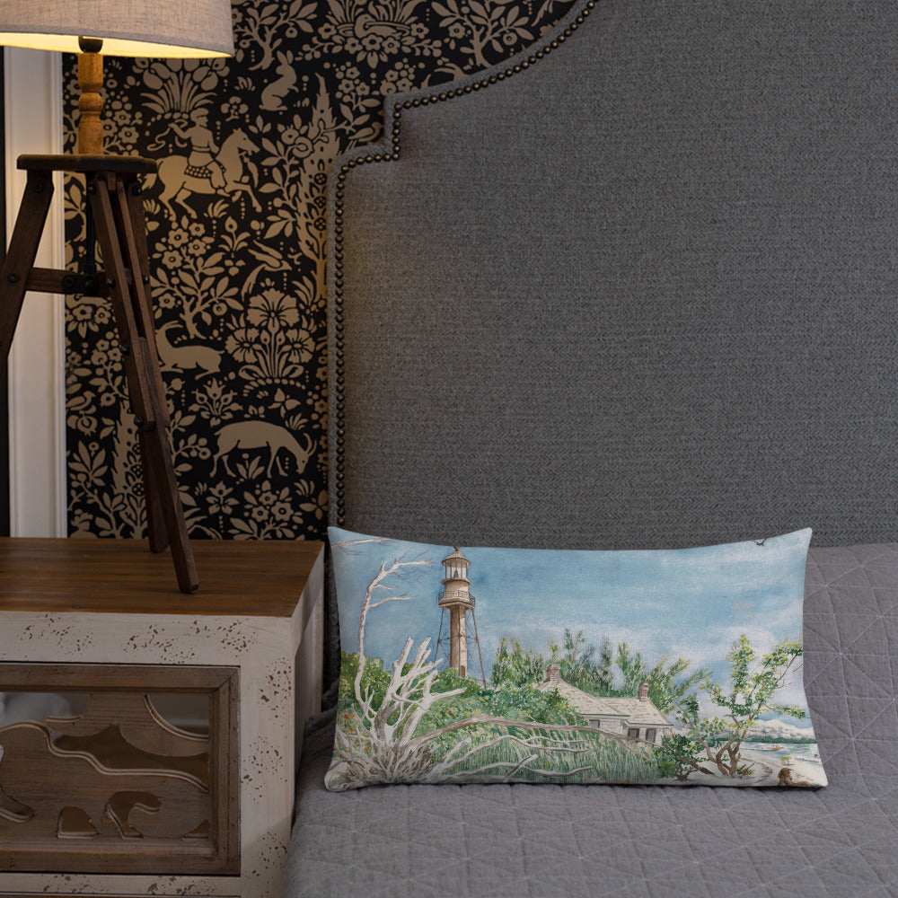 Sanibel Lighthouse Driftwood Watercolor Premium Pillow