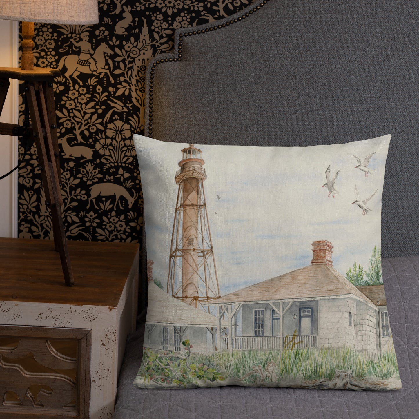 Sanibel Lighthouse Three Gulls Premium Pillow