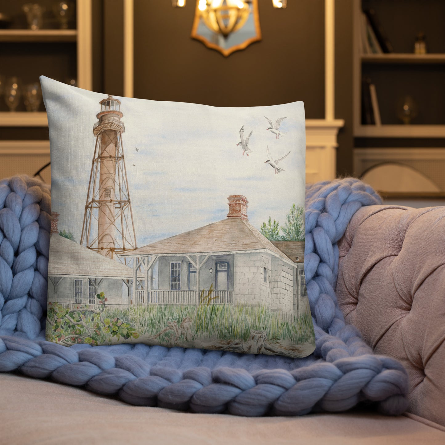Sanibel Lighthouse Three Gulls Premium Pillow