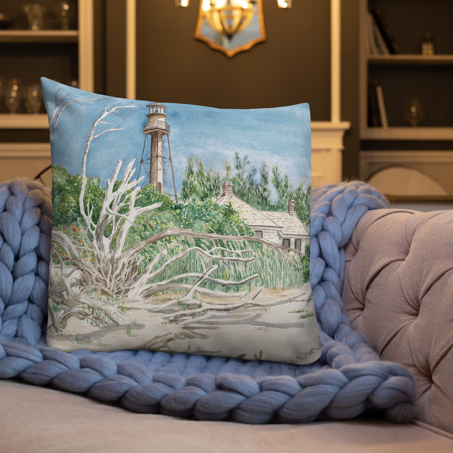 Sanibel Lighthouse Driftwood Watercolor Premium Pillow