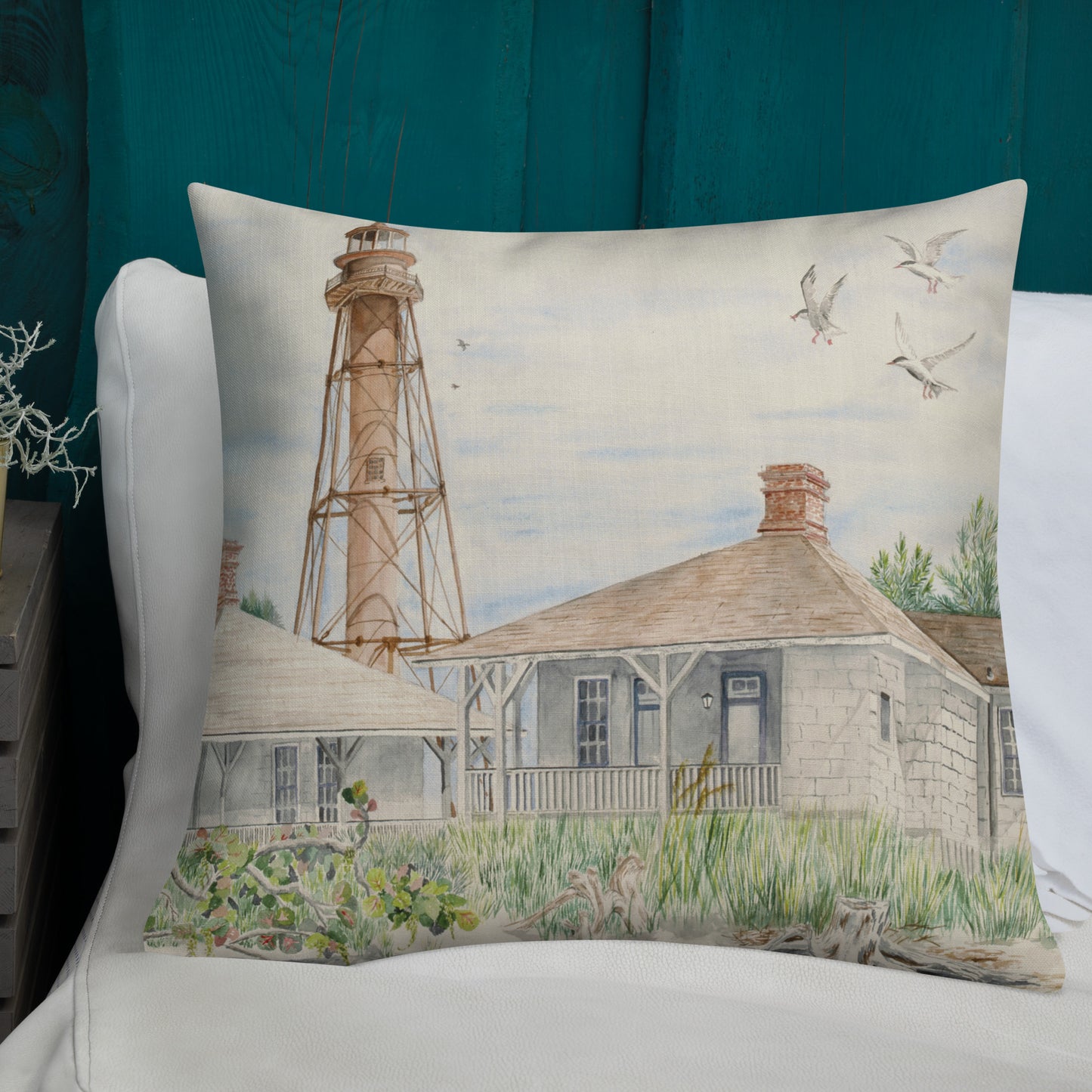 Sanibel Lighthouse Three Gulls Premium Pillow