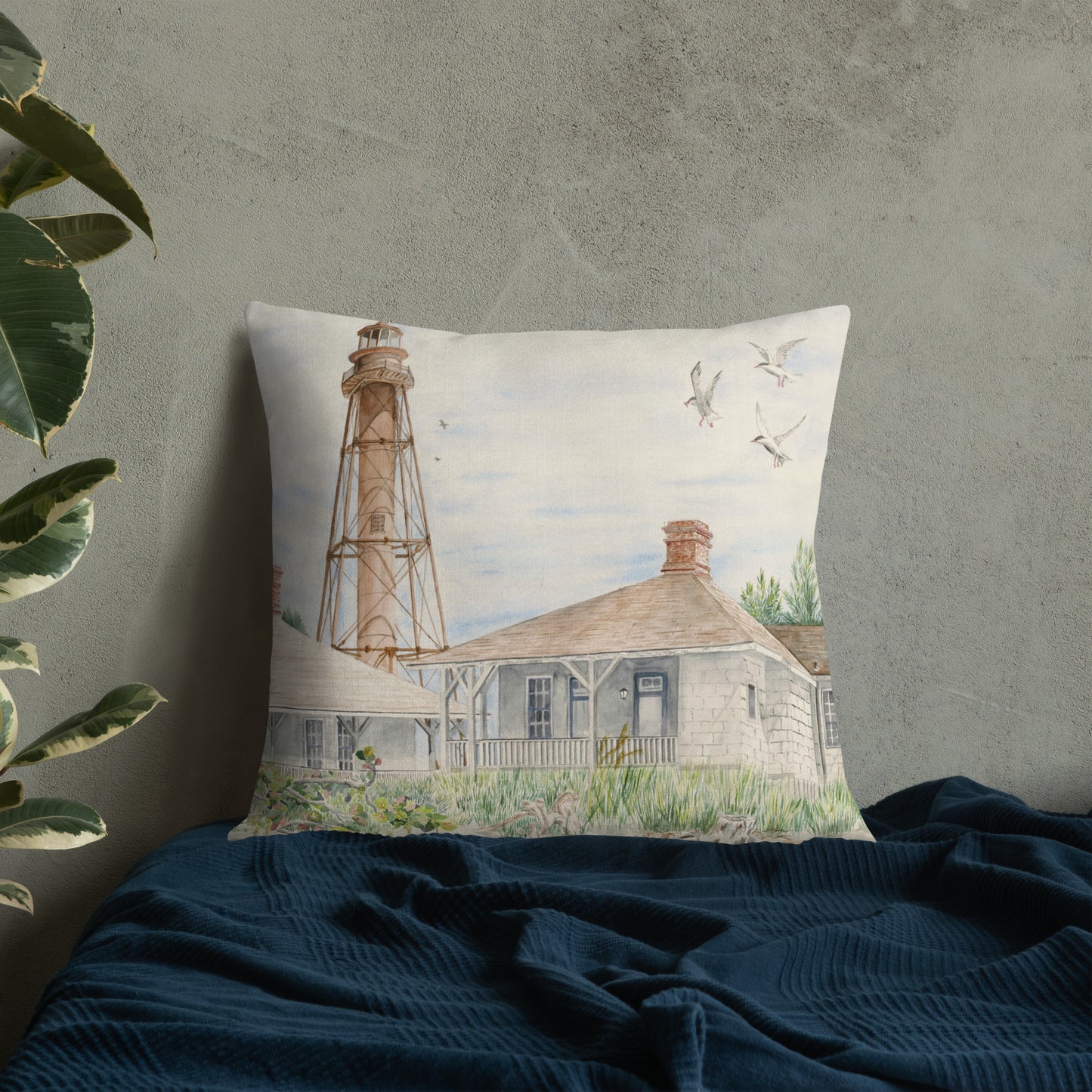 Sanibel Lighthouse Three Gulls Premium Pillow