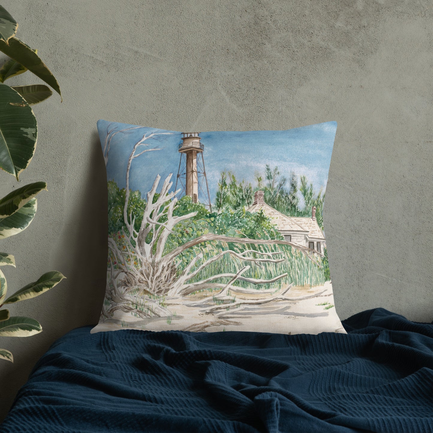 Sanibel Lighthouse Driftwood Watercolor Premium Pillow