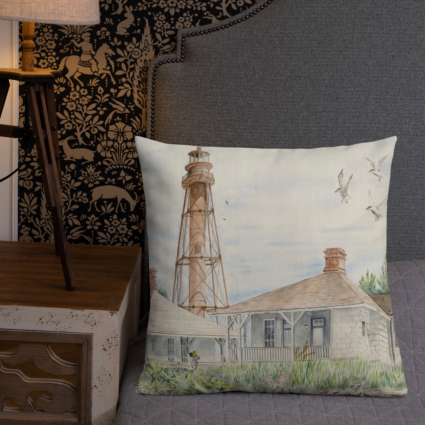 Sanibel Lighthouse Three Gulls Premium Pillow