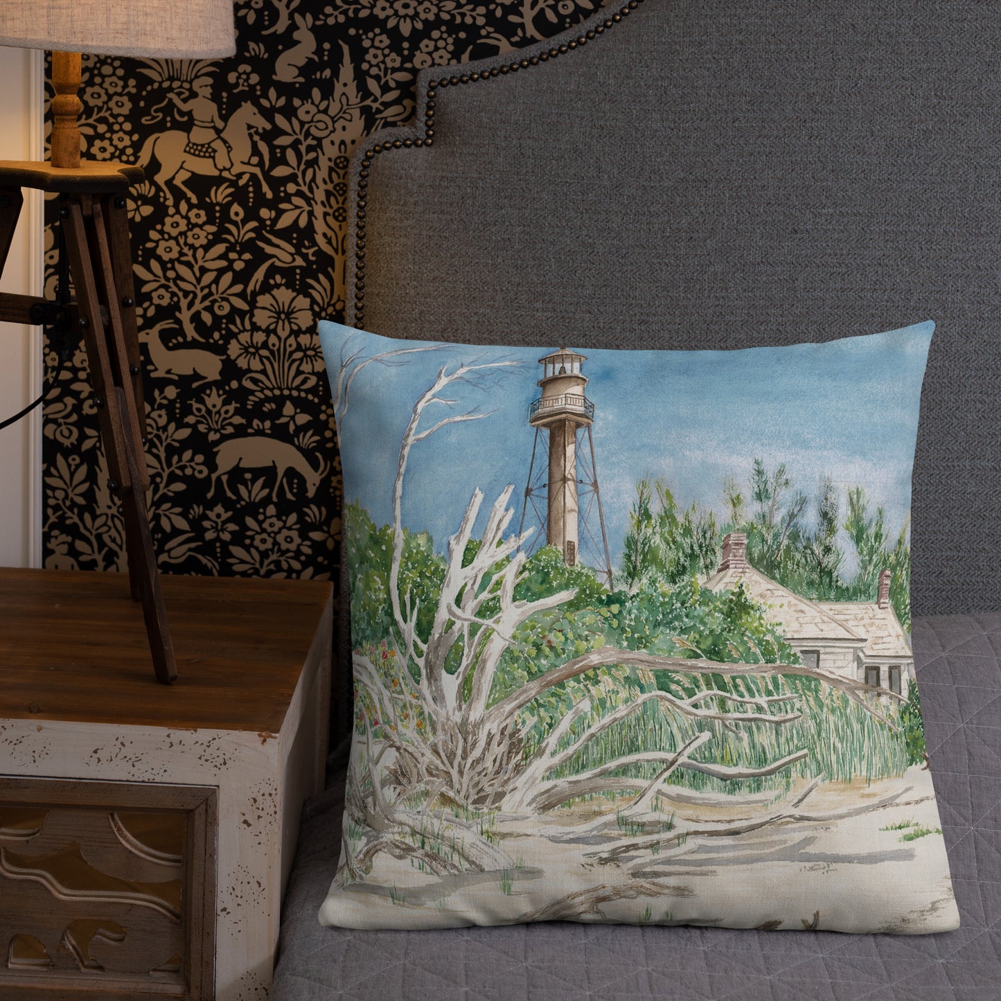 Sanibel Lighthouse Driftwood Watercolor Premium Pillow