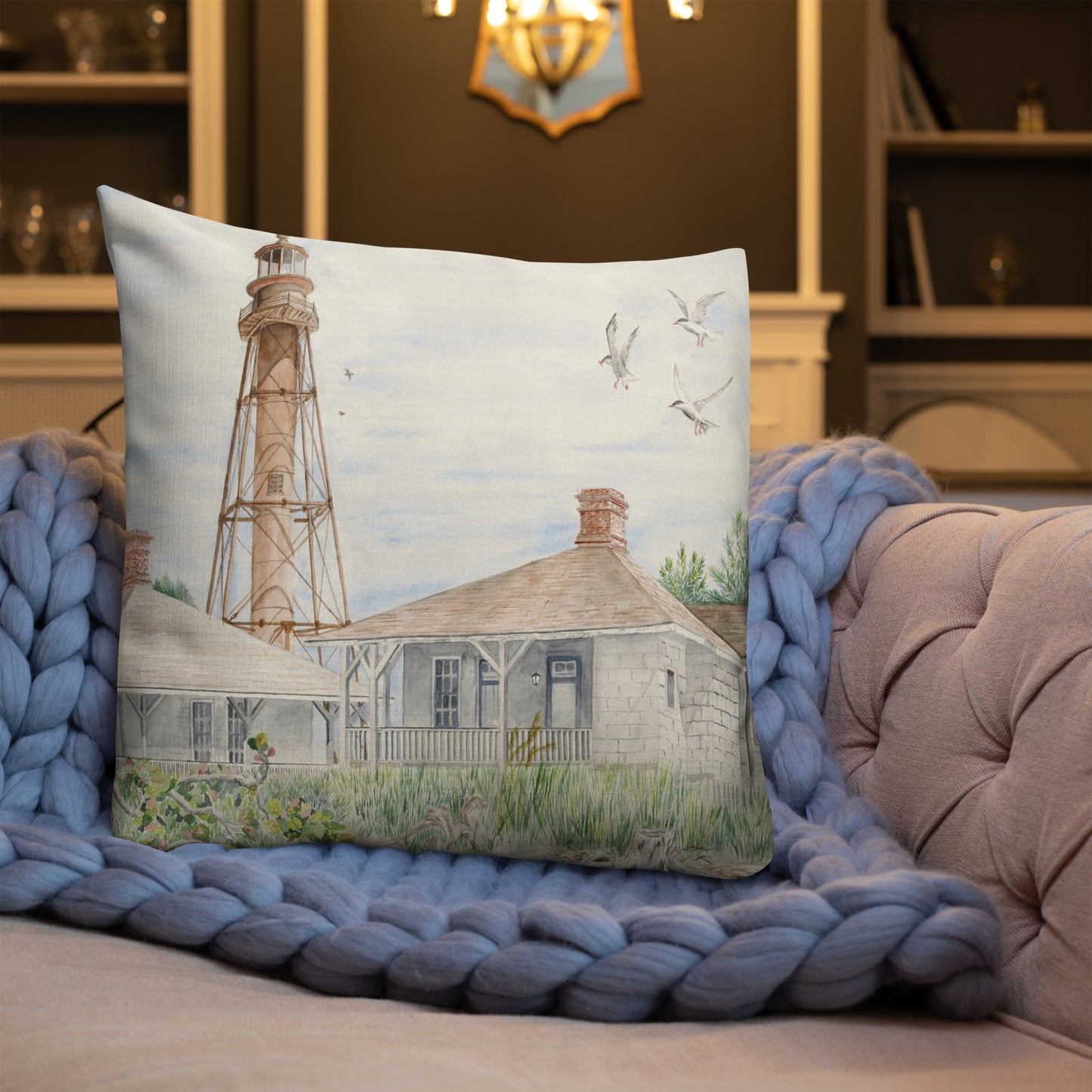 Sanibel Lighthouse Three Gulls Premium Pillow