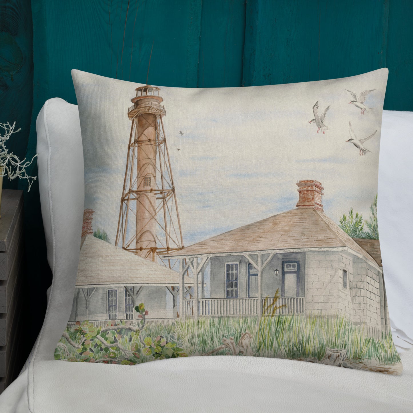 Sanibel Lighthouse Three Gulls Premium Pillow