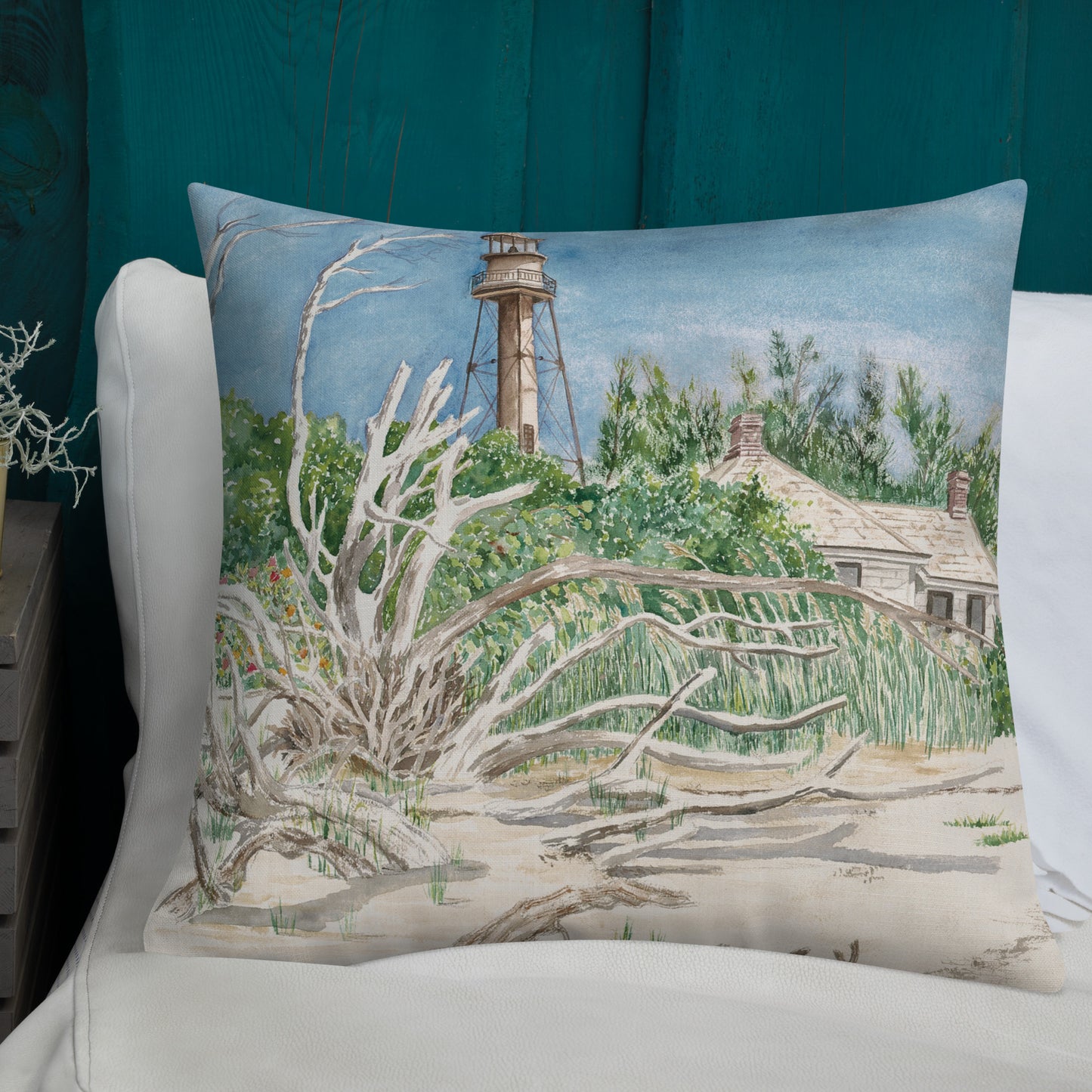Sanibel Lighthouse Driftwood Watercolor Premium Pillow