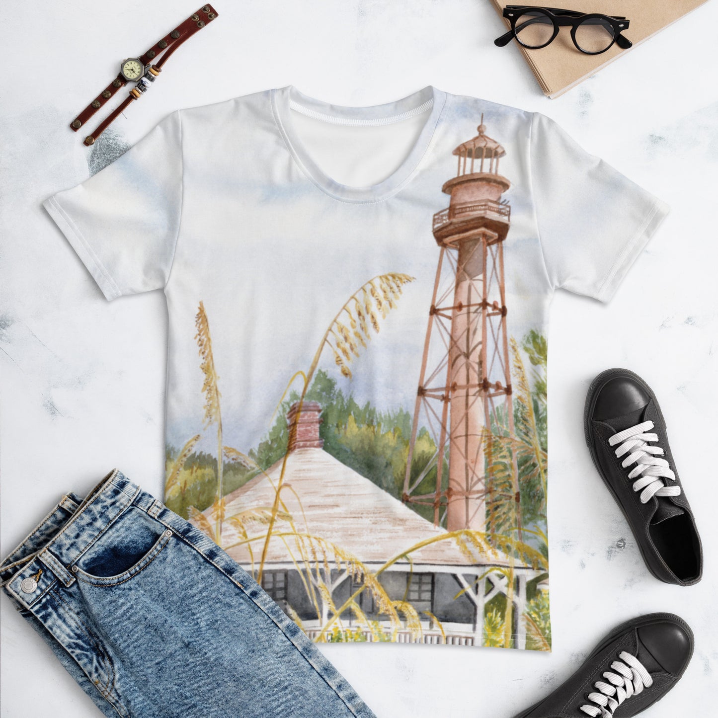 Sanibel Lighthouse Sea Oats Watercolor Women's Shirt