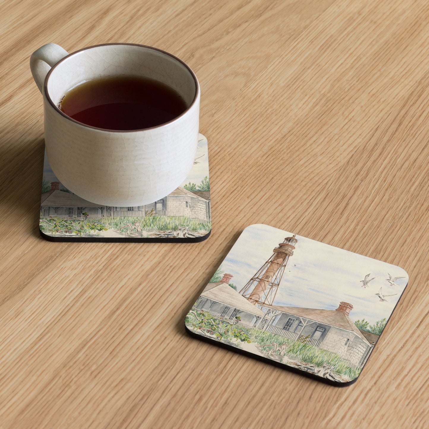 Sanibel Lighthouse Watercolor Cork-Back Coaster