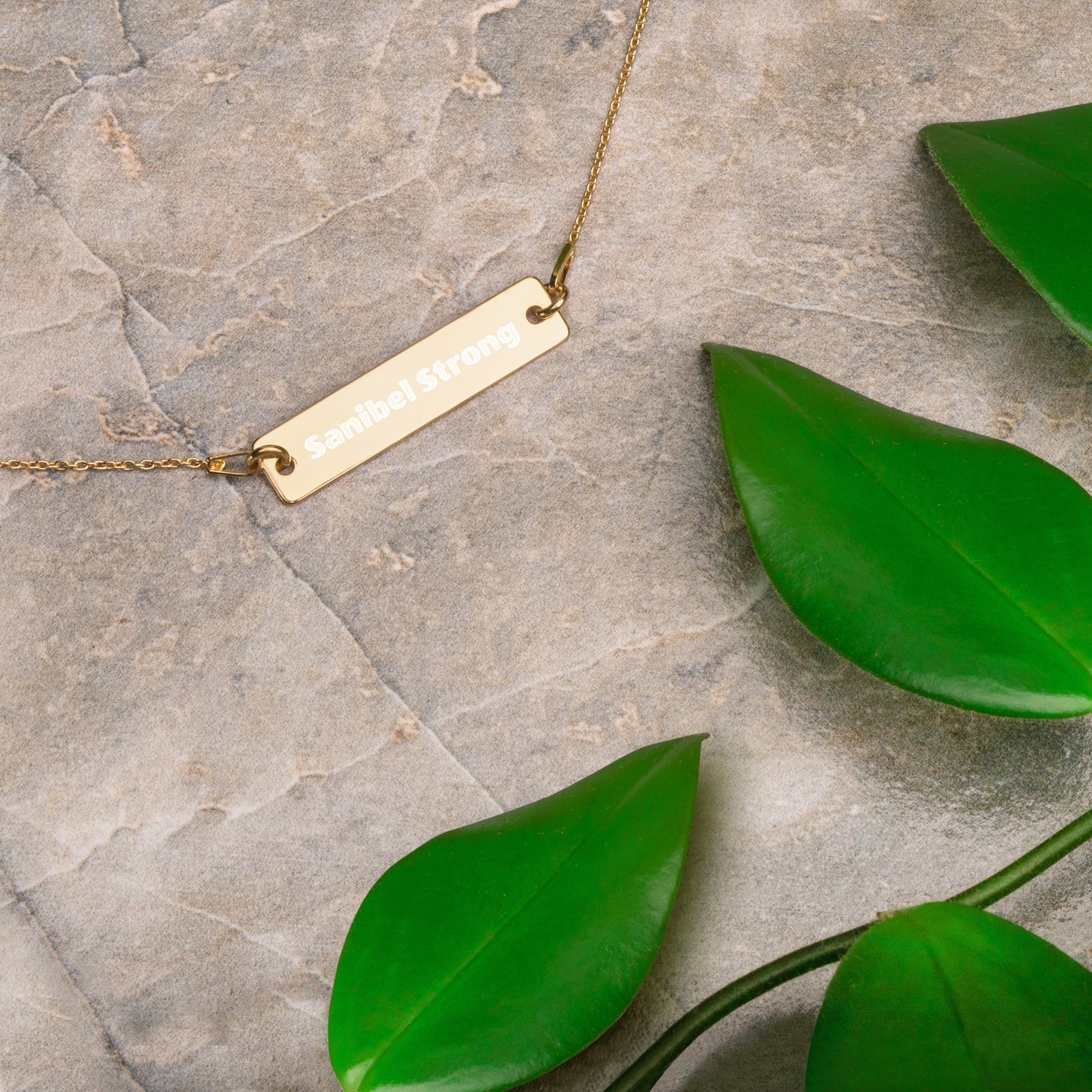 Sanibel Strong Engraved Silver Bar Chain Necklace