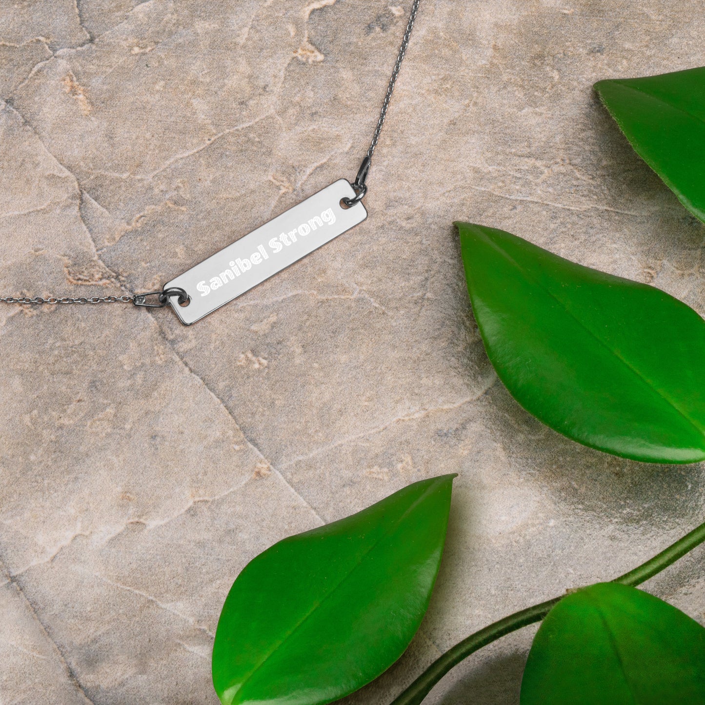 Sanibel Strong Engraved Silver Bar Chain Necklace