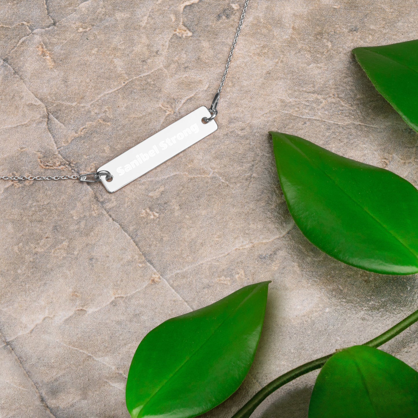 Sanibel Strong Engraved Silver Bar Chain Necklace