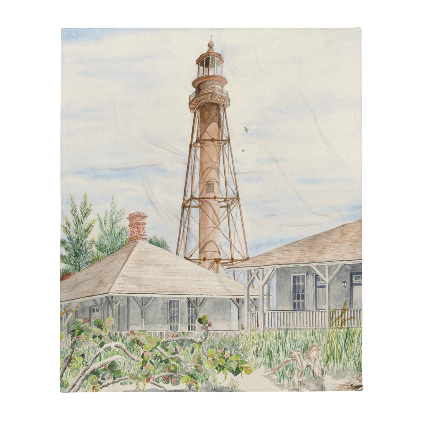 Sanibel Lighthouse Watercolor Throw Blanket