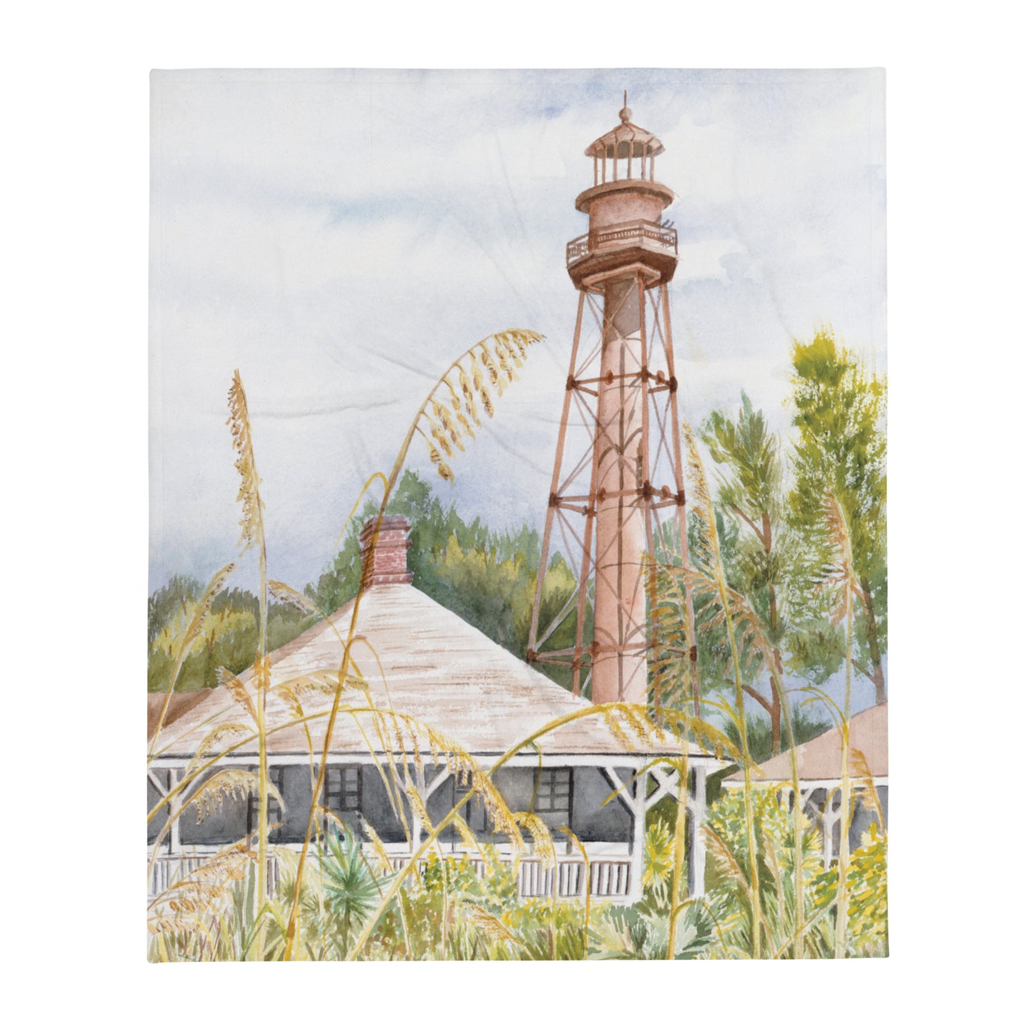 Sanibel Sea Oats Lighthouse Throw Blanket
