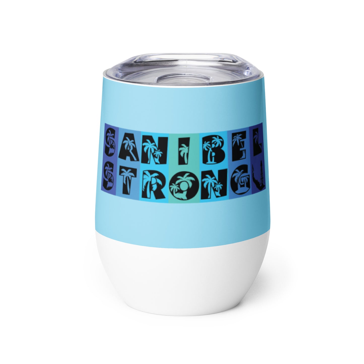Sanibel Strong Wine Tumbler - Blue Design - Palm Tree Lettering