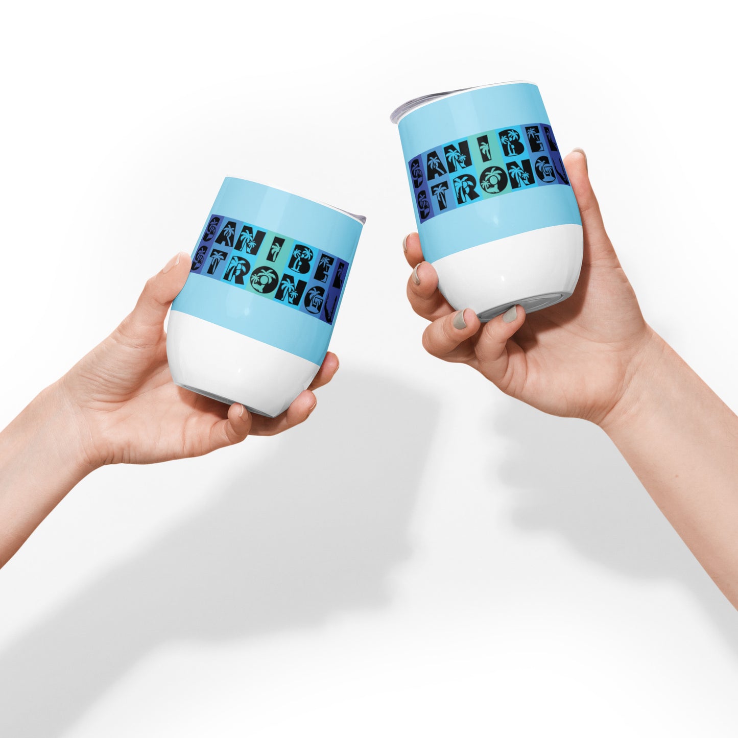 Sanibel Strong Wine Tumbler - Blue Design - Palm Tree Lettering
