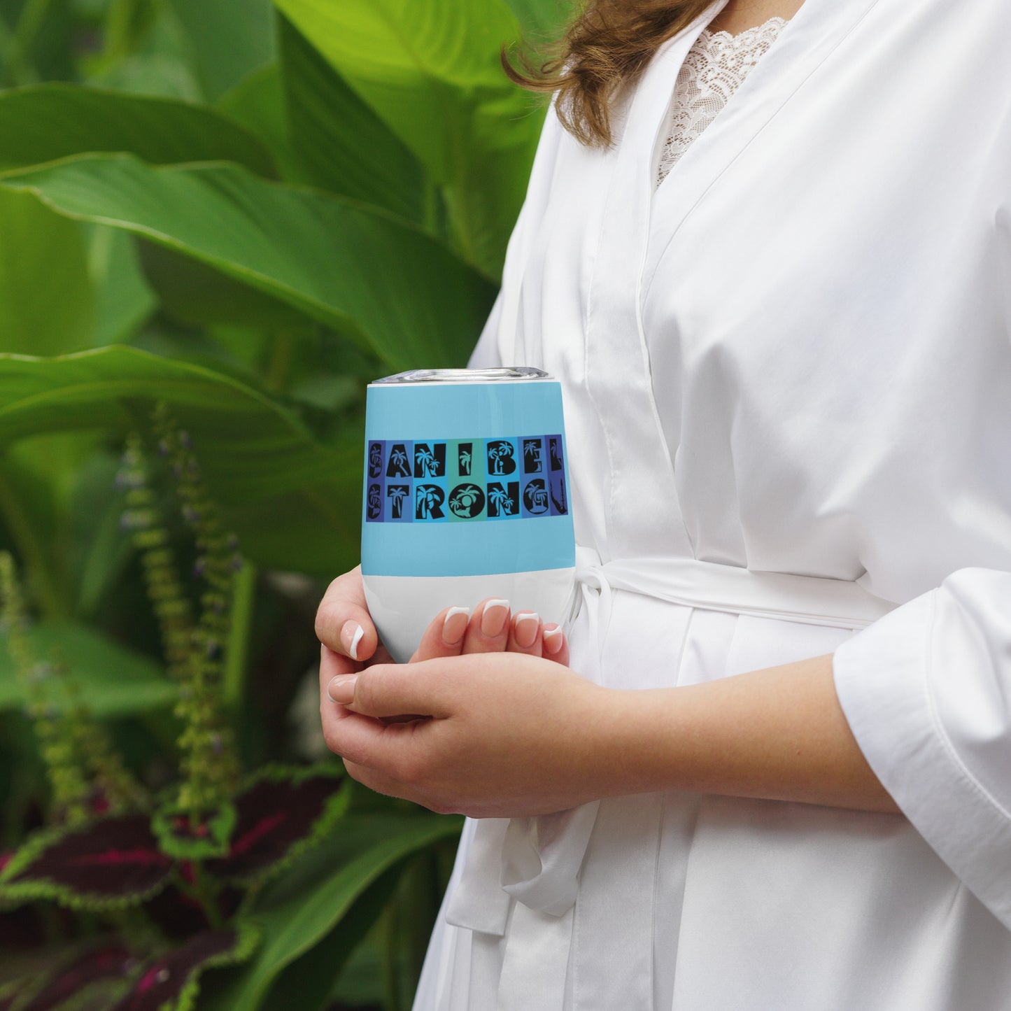 Sanibel Strong Wine Tumbler - Blue Design - Palm Tree Lettering