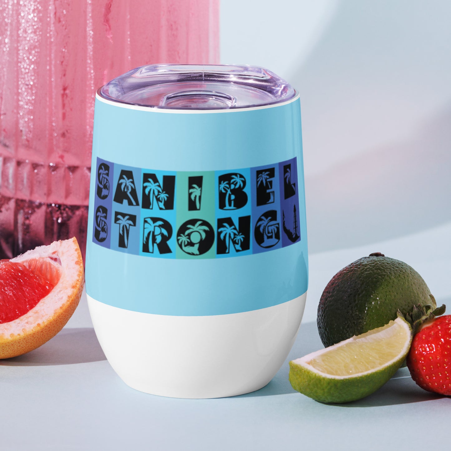 Sanibel Strong Wine Tumbler - Blue Design - Palm Tree Lettering