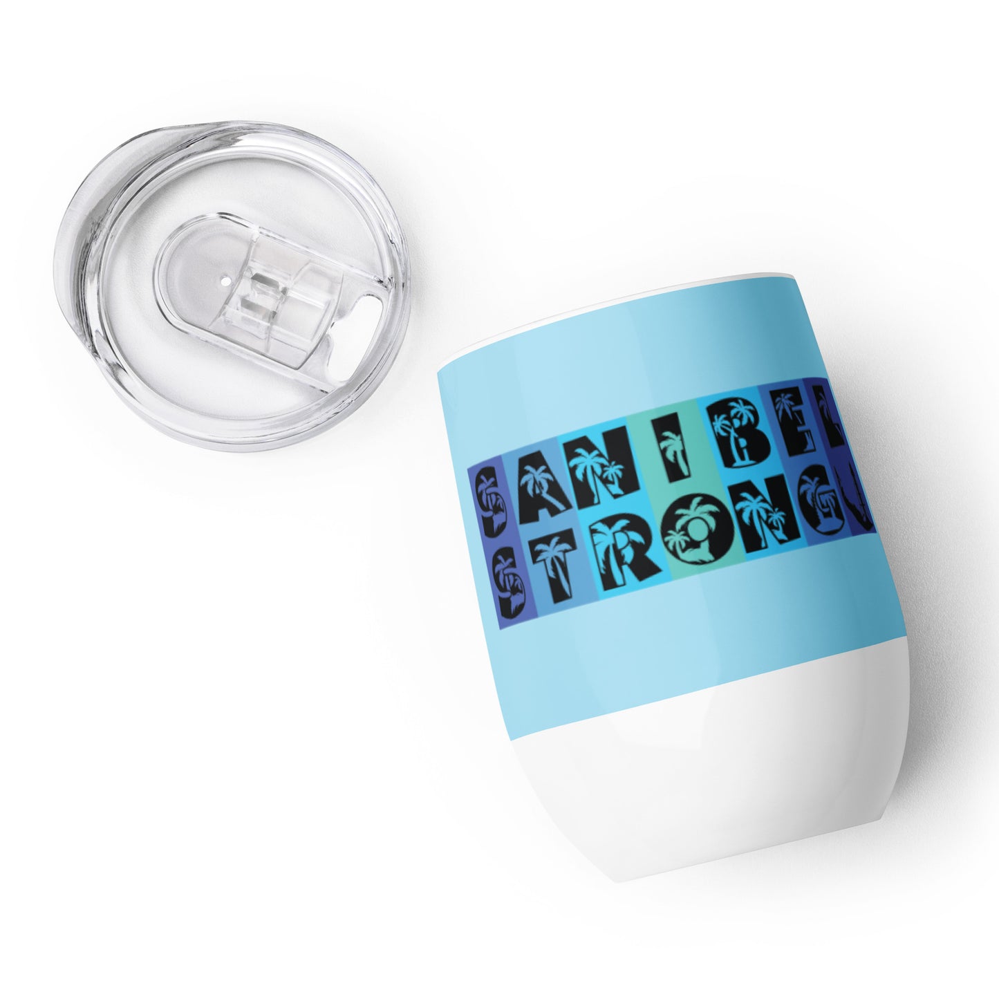Sanibel Strong Wine Tumbler - Blue Design - Palm Tree Lettering