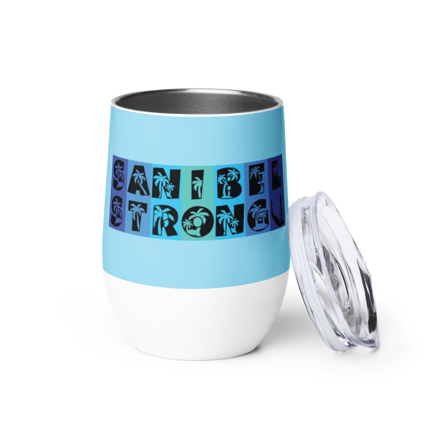 Sanibel Strong Wine Tumbler - Blue Design - Palm Tree Lettering