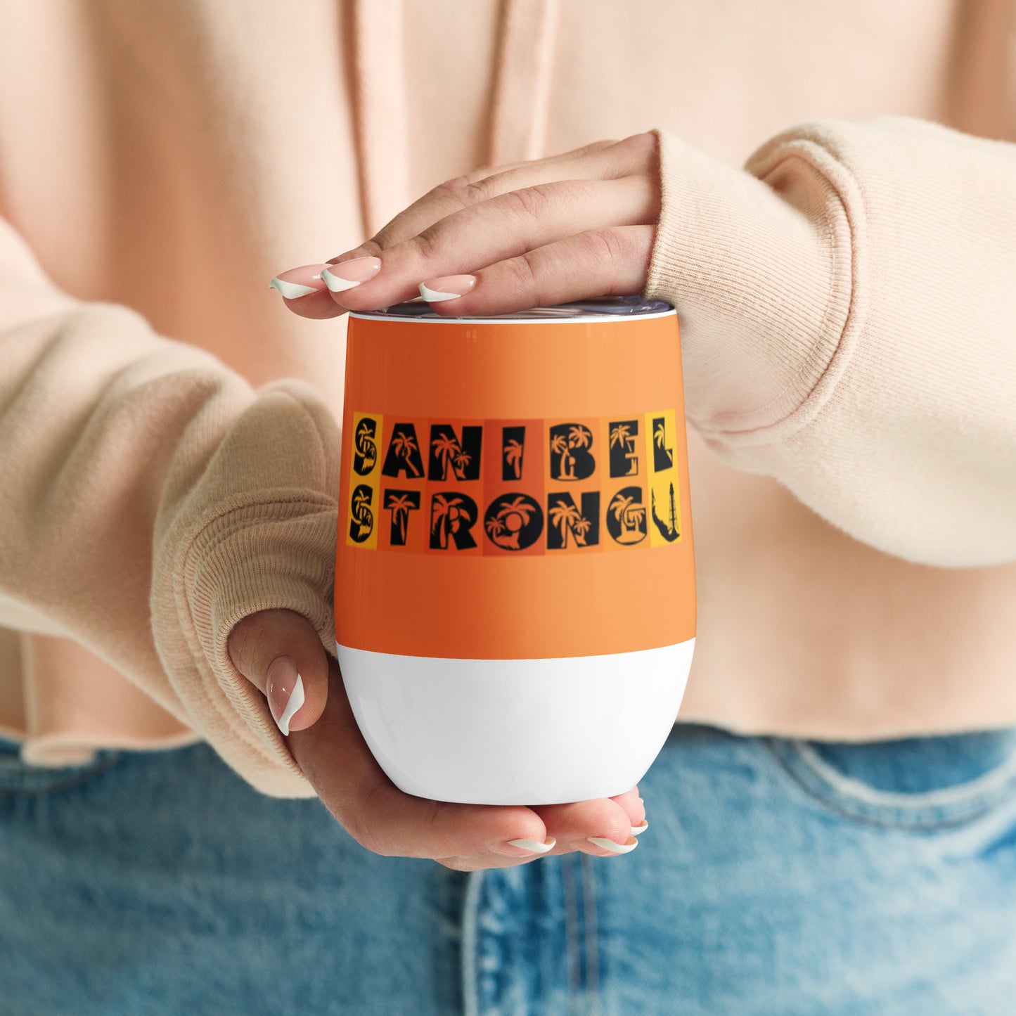 Sanibel Strong Wine Tumbler - Blue Design - Palm Tree Lettering