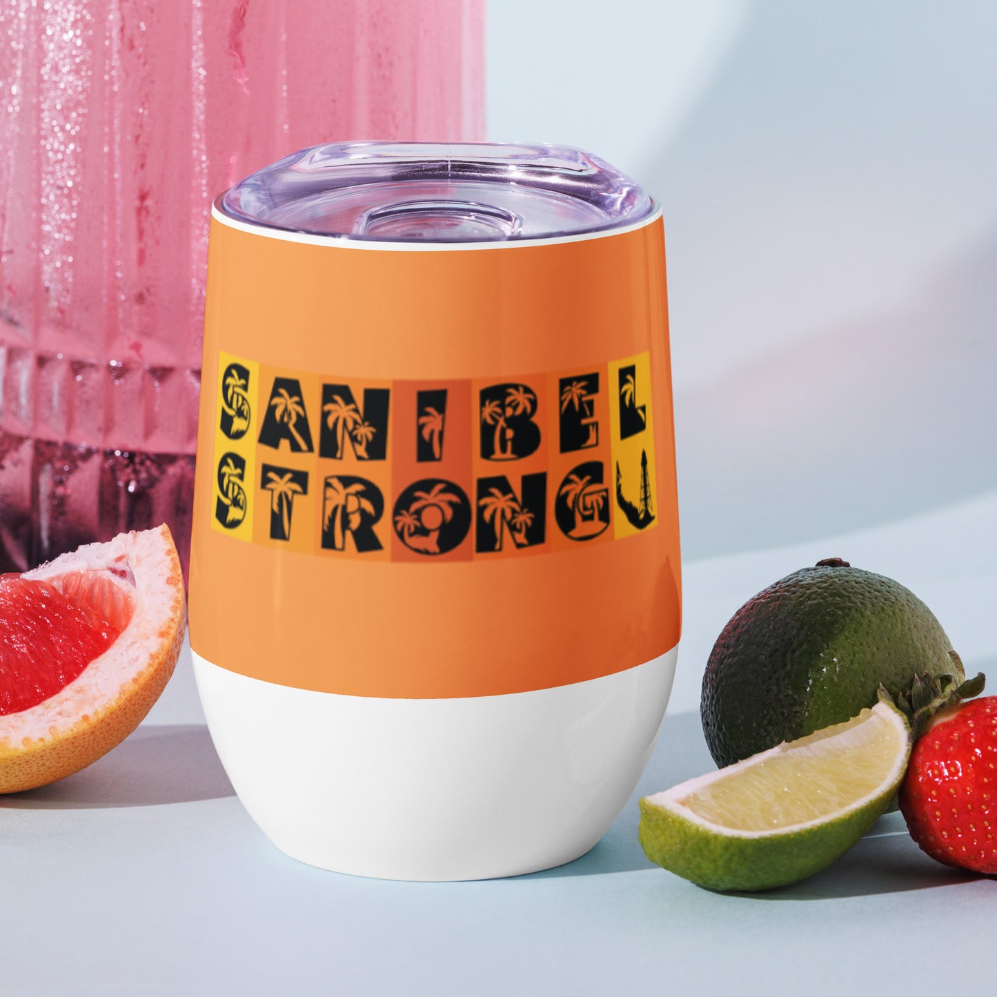 Sanibel Strong Wine Tumbler - Blue Design - Palm Tree Lettering