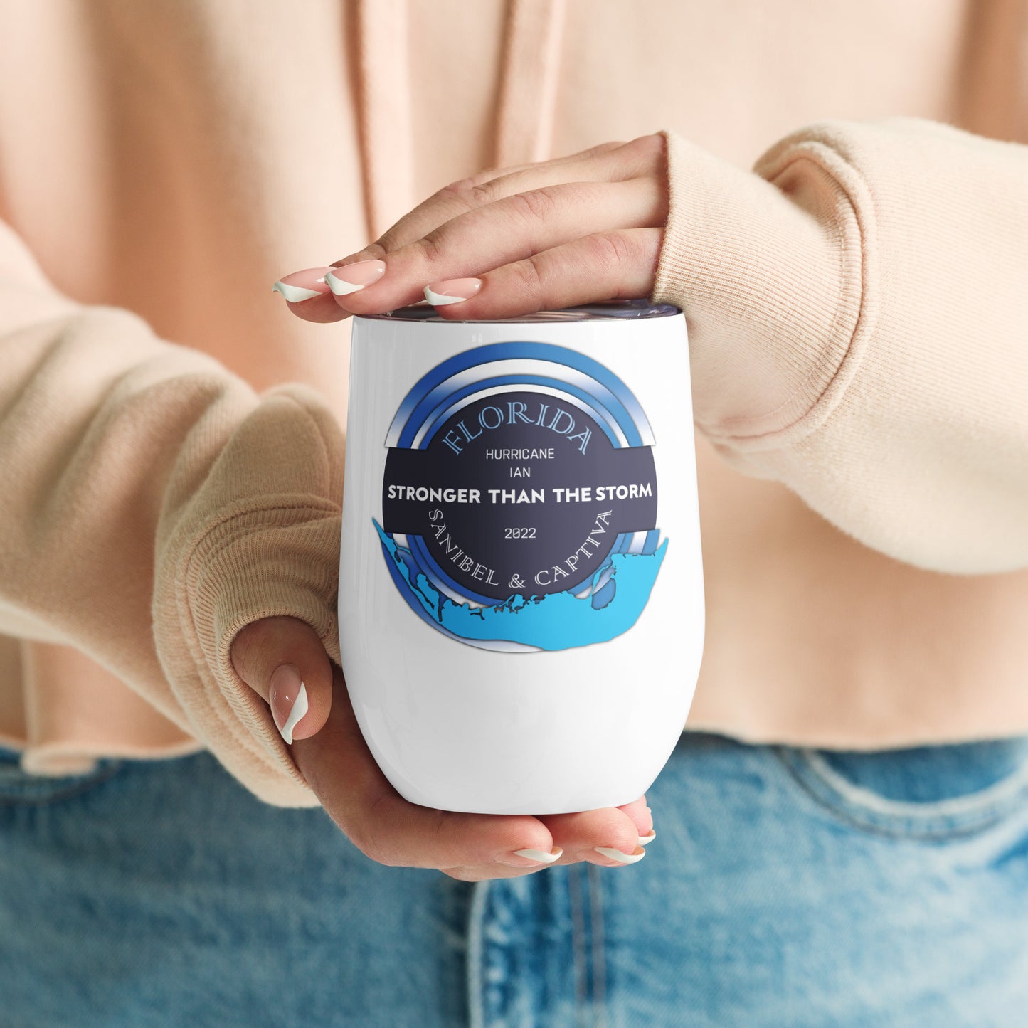 Sanibel Captiva Stronger Than The Storm Wine Tumbler - Blue Design