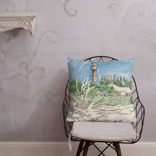 Sanibel Lighthouse Driftwood Watercolor Premium Pillow