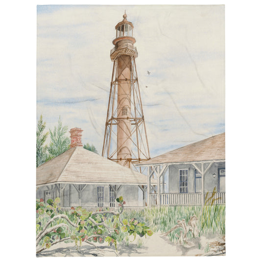 Sanibel Lighthouse Watercolor Throw Blanket