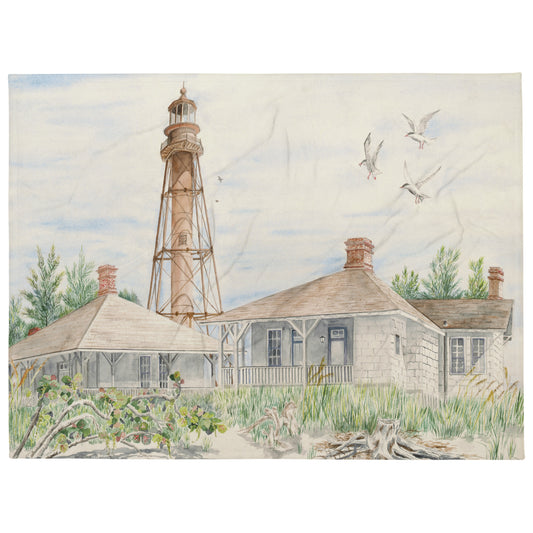 Sanibel Lighthouse 3 Seagulls Horizontal Throw Blanket