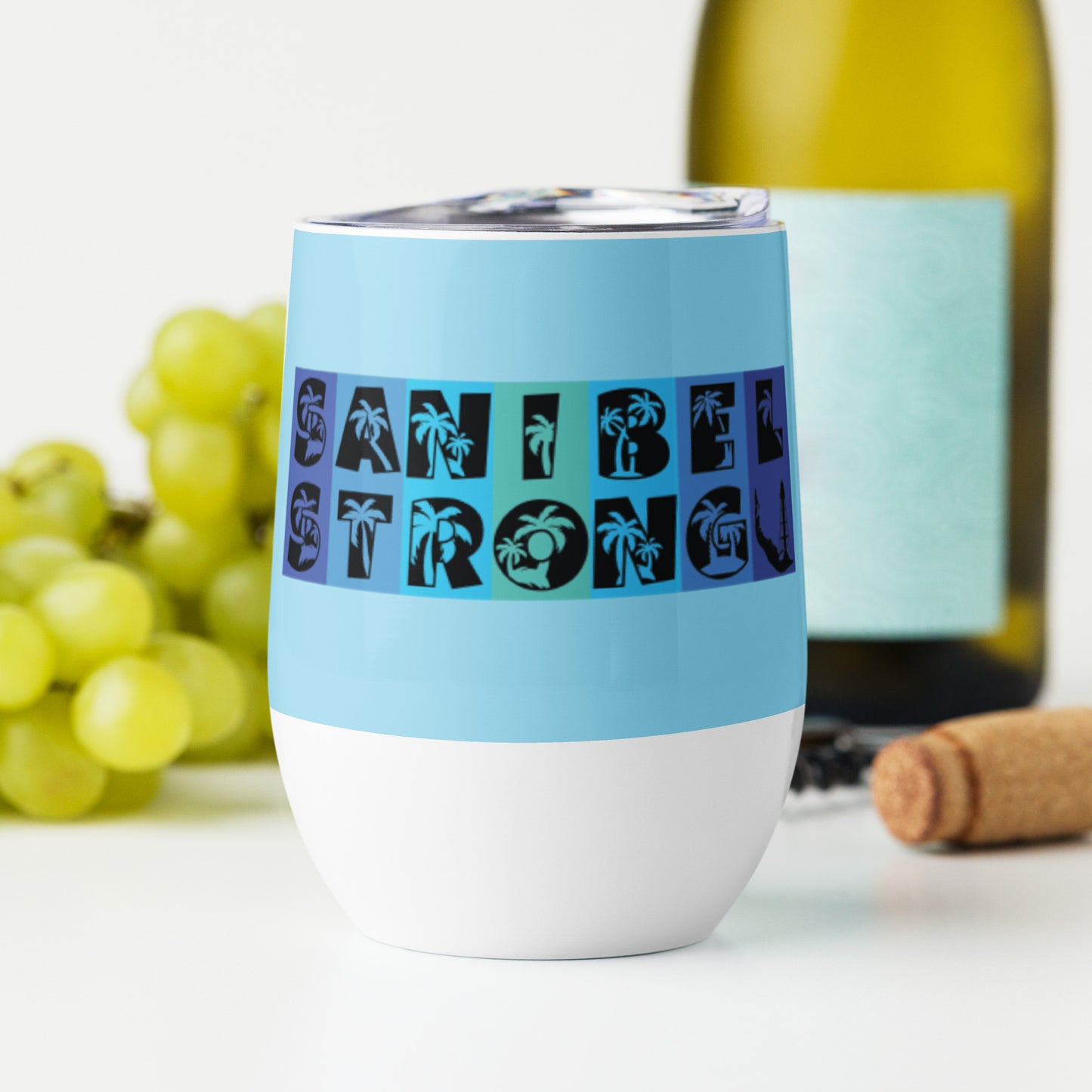 Sanibel Strong Wine Tumbler - Blue Design - Palm Tree Lettering