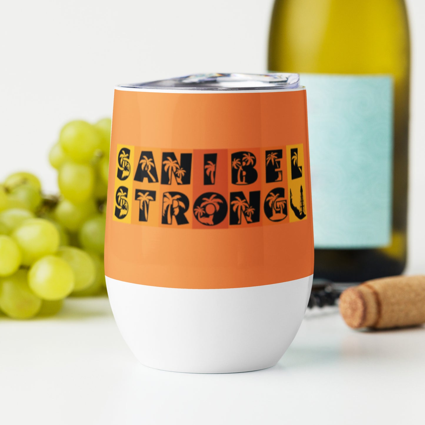 Sanibel Strong Wine Tumbler - Blue Design - Palm Tree Lettering